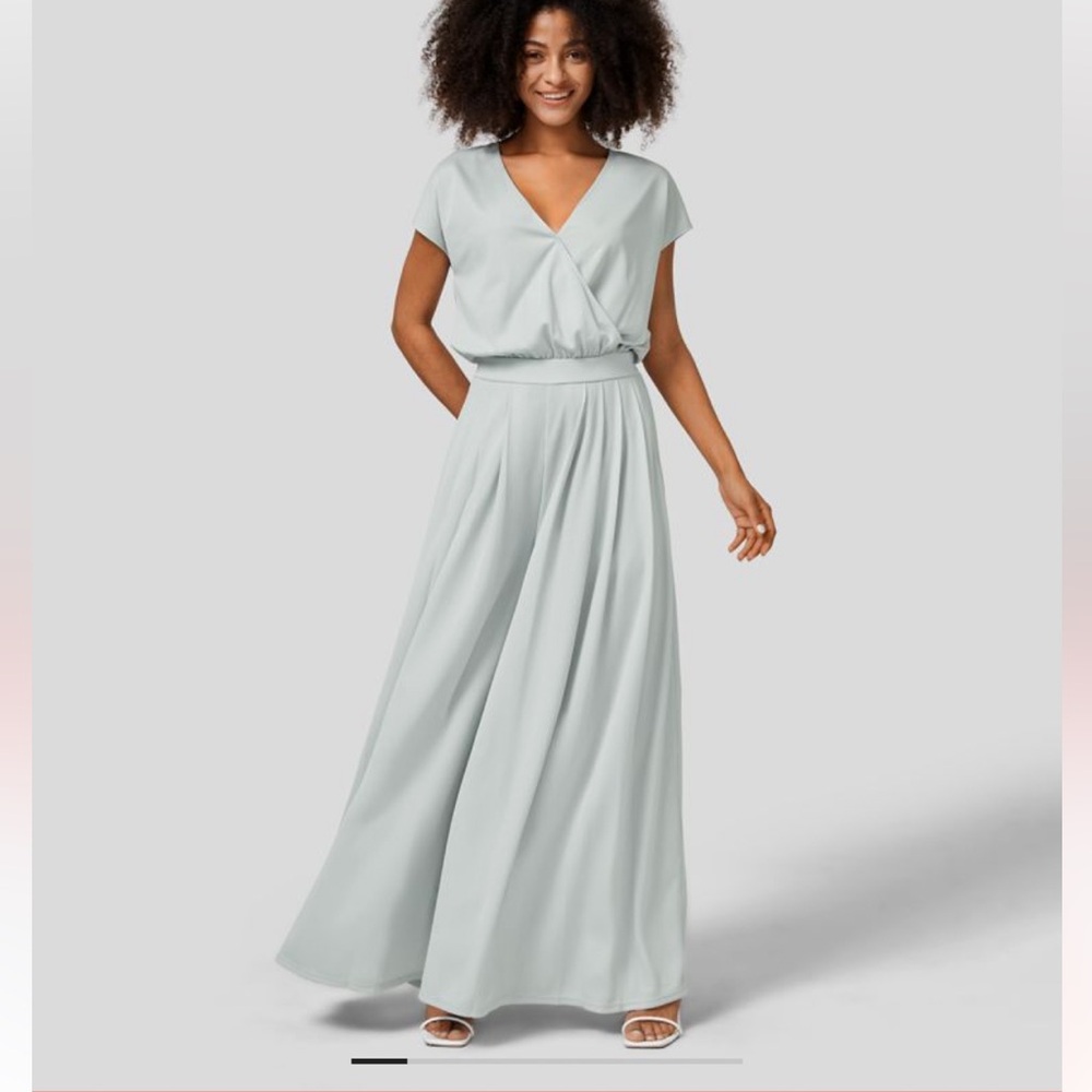 Halara V Neck Short Sleeve Plicated Side Pocket Wide Leg Flowy Waffle Humpsuit